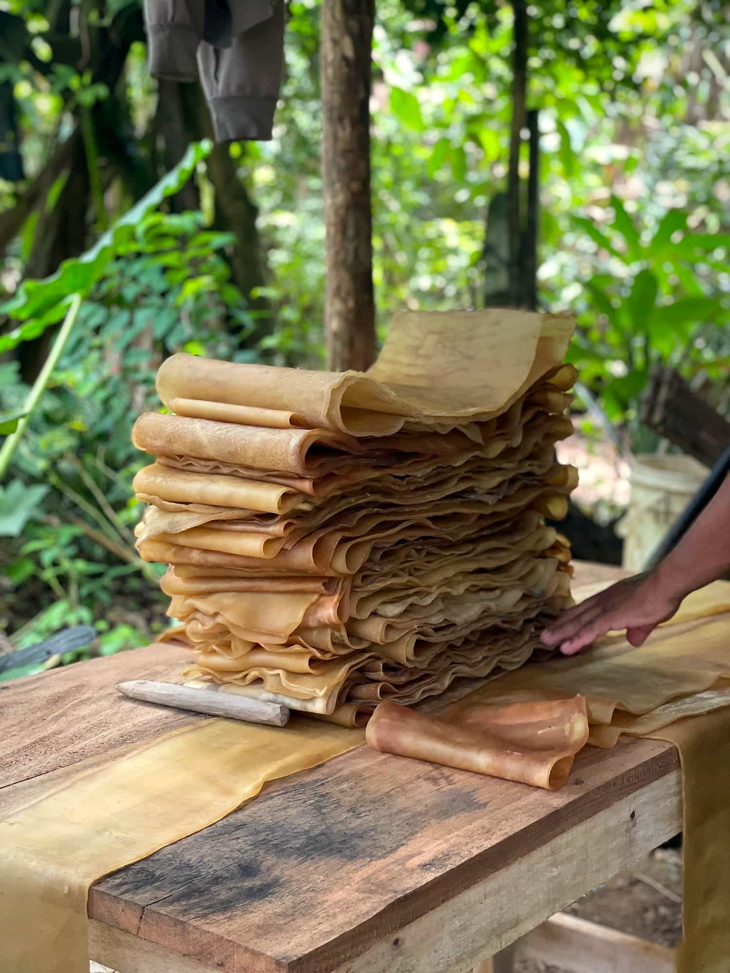 Láminas de caucho natural apiladas sobre una mesa de madera en Tierralta